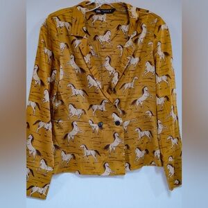 Zara Horse Print Blazer-Style Top – Mustard Yellow | Size XS (Oversized Fit)